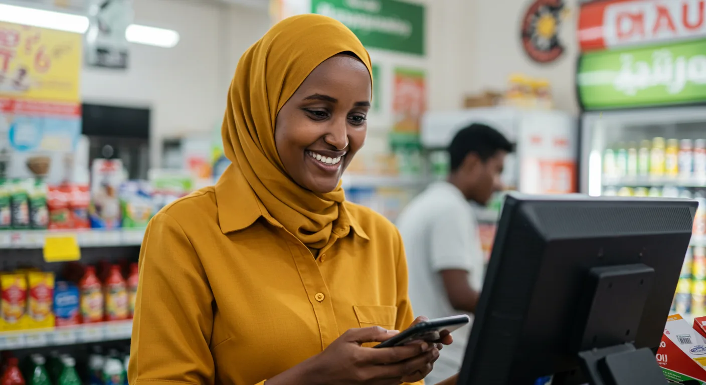 Illustration of a woman using her phone at a neighborhood shop